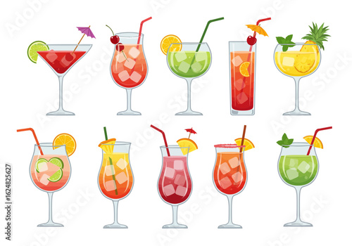 Ten colorful cocktails are arranged in two rows against a white background
