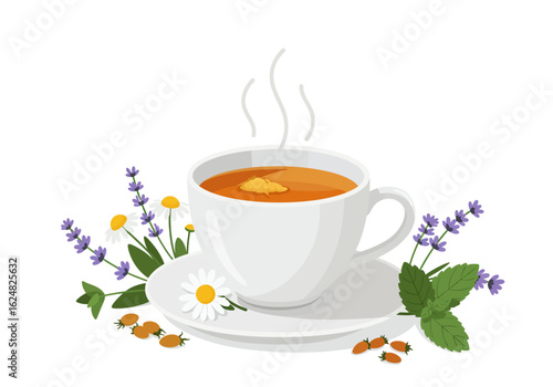Steaming tea cup on saucer surrounded by lavender chamomile mint and sea buckthorn