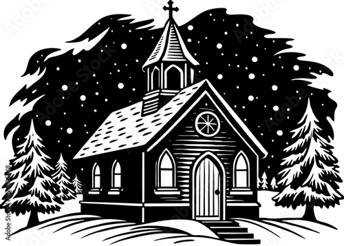 Church with Snow Falling and Bell Ringing – Christmas Silhouette