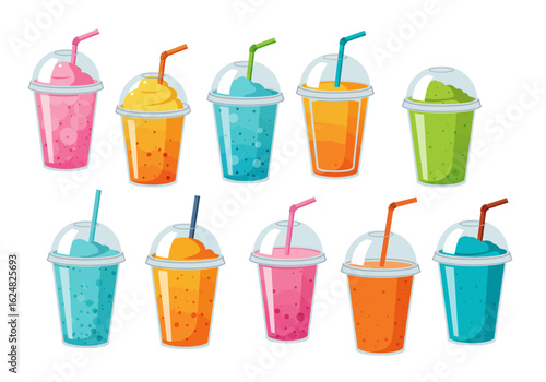 Ten drinks in clear cups with domed lids and straws each a different color