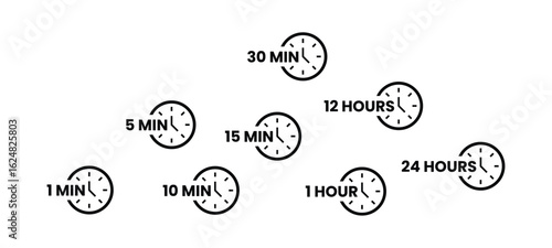 Clock Timers A set of clock icons showing time intervals from one minute to 24 hours representing timer, countdown, deadline, and reminder concepts
