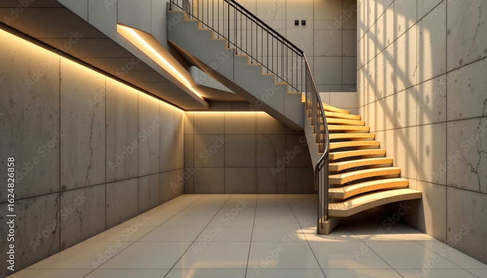 Obraz premium an elegant modern interior featuring a minimalist staircase with a sleek handrail, leading to a second floor space that is not fully visible