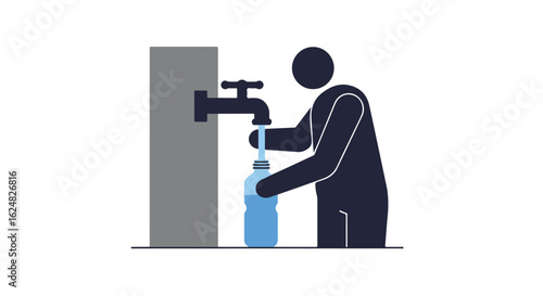 Pictogram filling water bottle at tap against neutral backdrop for health and eco use