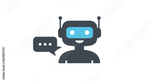 Smiling robot gives advice by speech balloon on white backdrop. Use for assistance