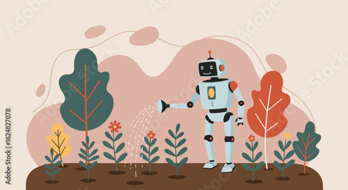Robot Waters Flowers in a Garden, Abstraction in Background for Agriculture Concept