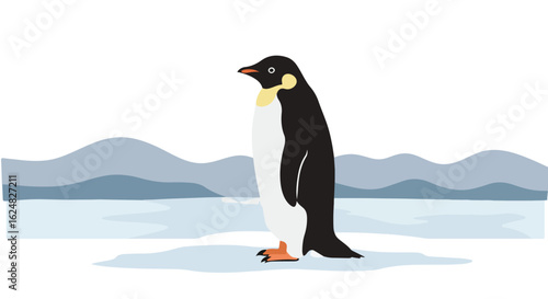 Penguin stands on ice floe, with mountain background. For education purposes