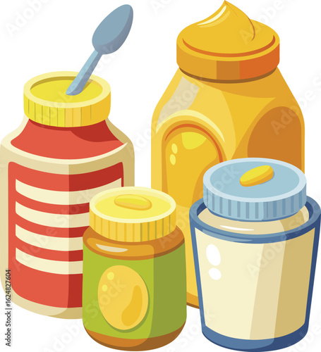 Four colorful jars of baby food or condiments with lids and a spoon