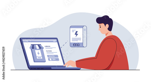 Man buys energy online; screen shows store and background shows bill via Internet