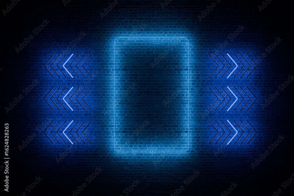 Fototapeta premium Neon blue rectangle frame on dark brick wall, flanked by glowing arrows