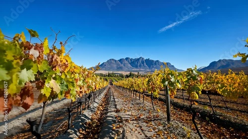 Scenic Autumn Vineyard Landscape with Mountains in Stellenbosch, South Africa