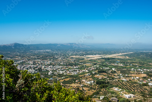 View of Ialyssos from Filerimos Monastery hill. Mediterranean Sea and Mountains in Rhodos, Greece