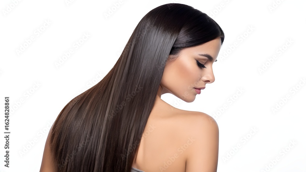 Studio portrait of a woman with smooth, dark hair, showcasing healthy hair. Studio portrait of a woman with smooth, dark hair, showcasing healthy hair.