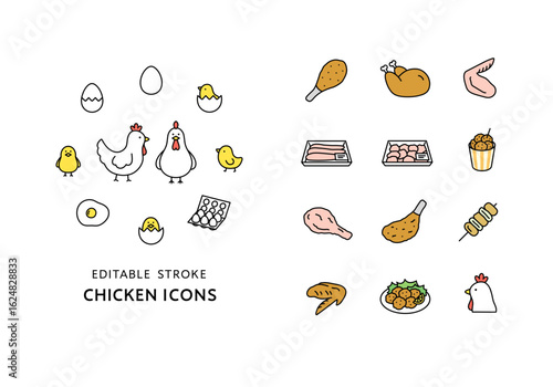 にわとりとヒヨコと鶏肉のアイコンセット