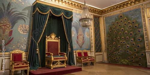 Ornate throne room with peacock mural and luxurious furnishings in a palace setting interior view