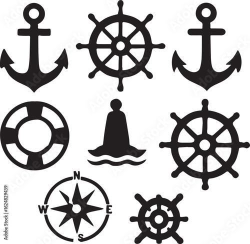 A set of isolated nautical icons including a ship's wheel, anchor, and rudder for sea navigation
