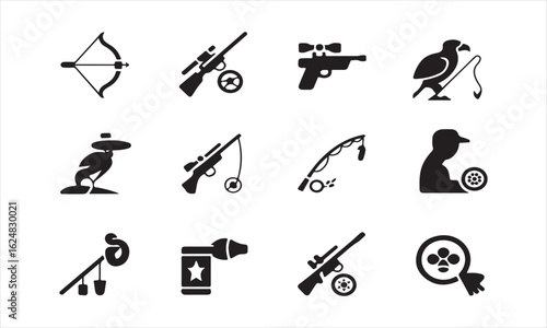 Collection of Black and White Hunting, Fishing, and Shooting Icons, A set of twelve black silhouette icons depicting various hunting, fishing, and shooting equipment and related activities.
