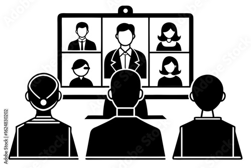Video Conference Call Silhouette Vector – Remote Meeting, Online Communication, and Virtual Collaboration Concept