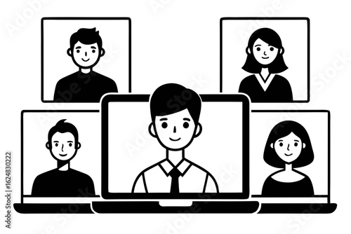Video Conference Call Silhouette Vector – Remote Meeting, Online Communication, and Virtual Collaboration Concept