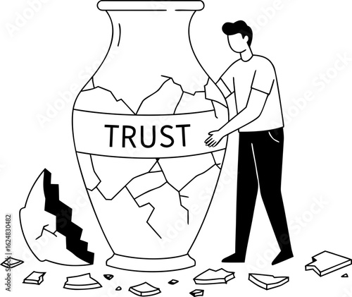 A man is putting together a huge broken vase called "Trust": a metaphor for the weight of responsibility for rebuilding a broken relationship, where each piece represents an effort and a hope.