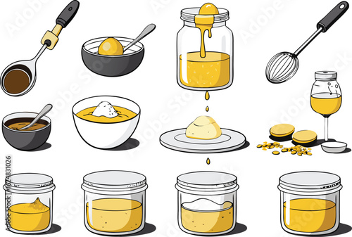 Honey Mustard Sauce and Condiments Collection in Jars and Bowls Vector Food Illustration