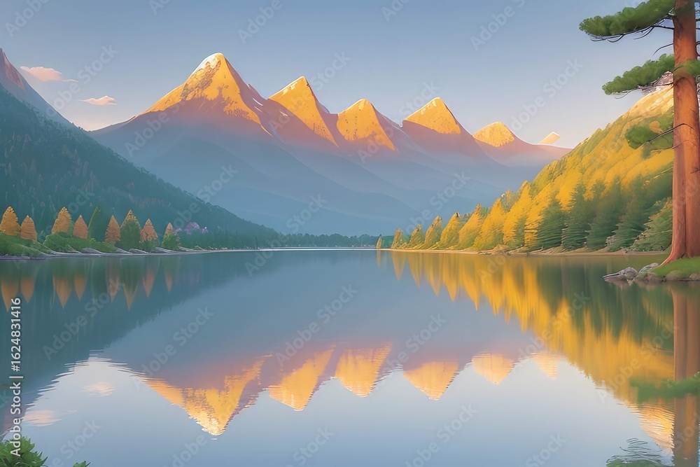 Obraz premium “Tranquil Mountain Lake with Autumn Forest Reflections at Sunset”