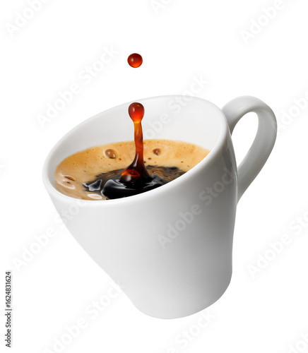 Small inclined espresso cup with freshly brewed coffee with splash and drop, isolated on white background