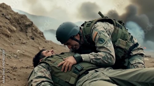 Soldier tending to an injured comrade in a war zone