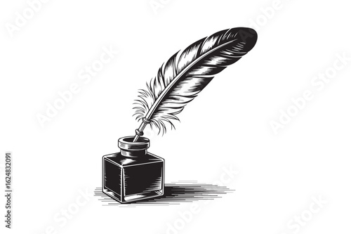 Vintage Feather Quill and Ink Bottle  Line Art