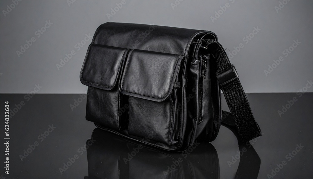 Naklejka premium Compact Black Leather Sling Bag with Multiple Pockets for Daily Use, Travel, and Casu