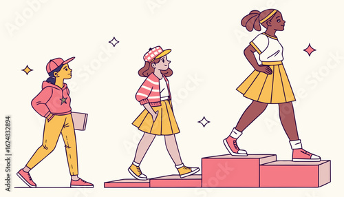 Models at fashion week concept. Women in trendy clothes and outfit. Young girls in garments and skirts at podium or pedestal. Fashion idustry and performance. Cartoon flat vector