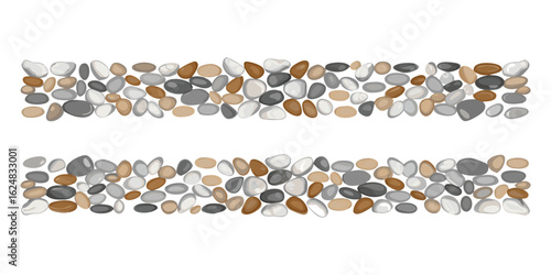 Two horizontal bands filled with a variety of smooth pebbles in shades of gray brown and white color