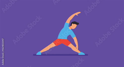 Person Stretching Arm and Legs in Violet Room for Exercise and Wellness Illustration