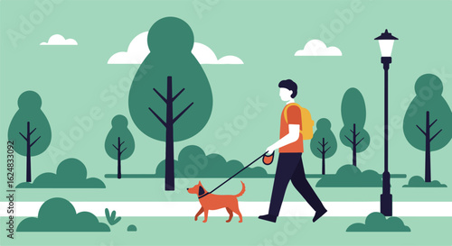Man walking dog on path, park background with trees, clouds, lamppost. Use lifestyle