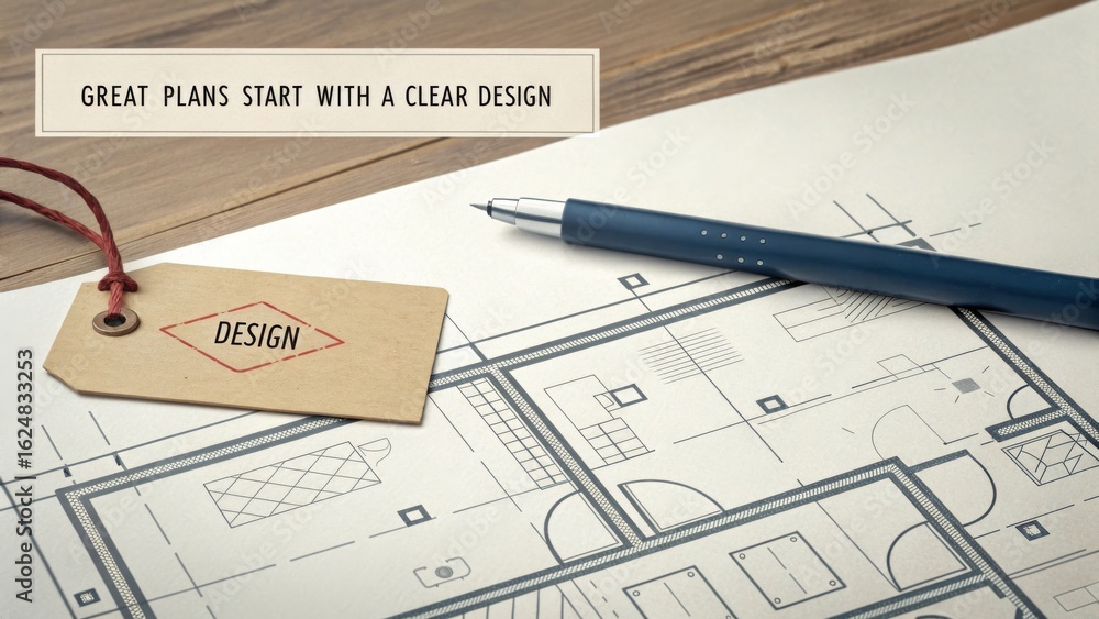 Fototapeta premium Clear Blueprint Design with Tag and Pen for Creative Projects