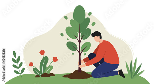 Planting tree. Man tending flowers on grass in backyard. Environment banner