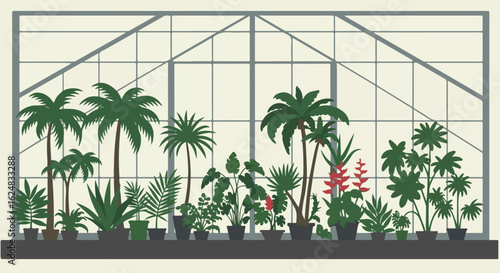 Plants grow in pots indoors, under a metal frame in a greenhouse background