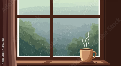 Warm Drink By Window In Rain a mug sits indoors while a storm happens outside