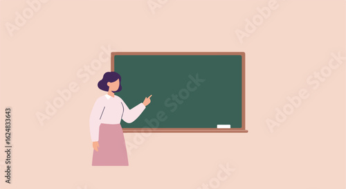 Teacher pointing at blackboard in classroom with chalk, teaching lessons