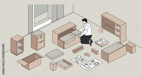 Man Assembling furniture in a room with an open window; home improvements