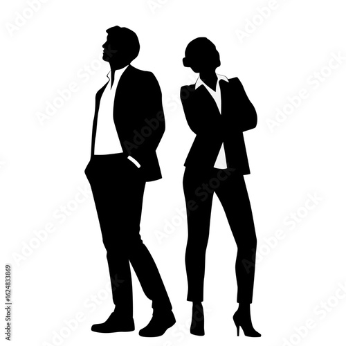 Vector silhouettes of  man and woman, a couple of standing business people, looking up, profile, black color isolated on white background