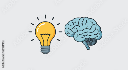 Lightbulb idea illuminating brain; concept for creativity against a plain background
