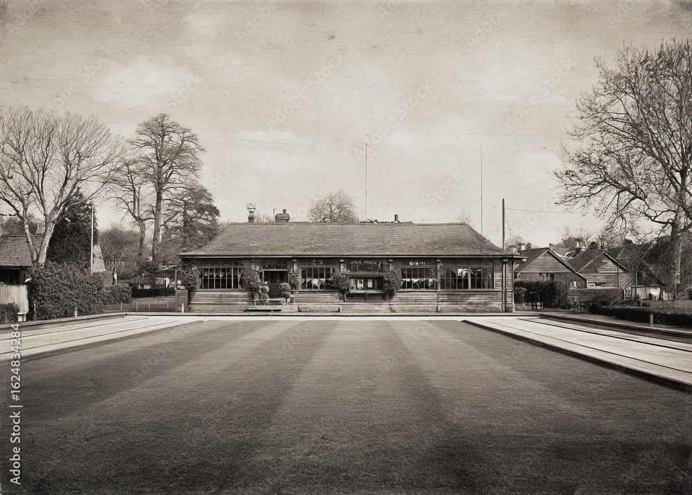 Fototapeta premium Lawn bowling club with a wooden building in the background, a grassy lawn, and a bowling green field, in an English town landscape. Front view. Real photograph. 
