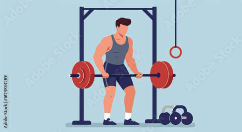 Man deadlifting in gym; weights, kettlebells, gymnastic rings as background elements