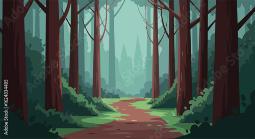 Path winds through misty forest; background shows distant woods, use for nature blogs