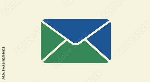 Square, blue & green icon of an email message on light background; for communication