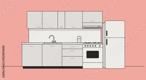 Cartoon kitchen with pink walls, cabinets, sink, oven, refrigerator. Use illustration