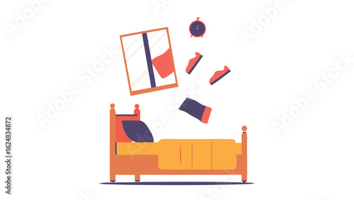 Illustration of a bedroom scene with a bed, window, alarm clock, shoes, and a blanket falling down