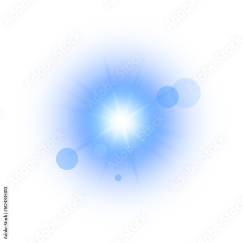 bright blue lens flare with glowing white center and soft radial light rays used in photography or design to simulate sunlight or camera glare