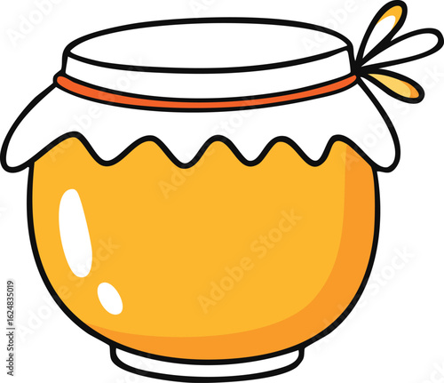 A cheerful illustration of a honey jar, tied with a ribbon and adorned with a stylized flower.