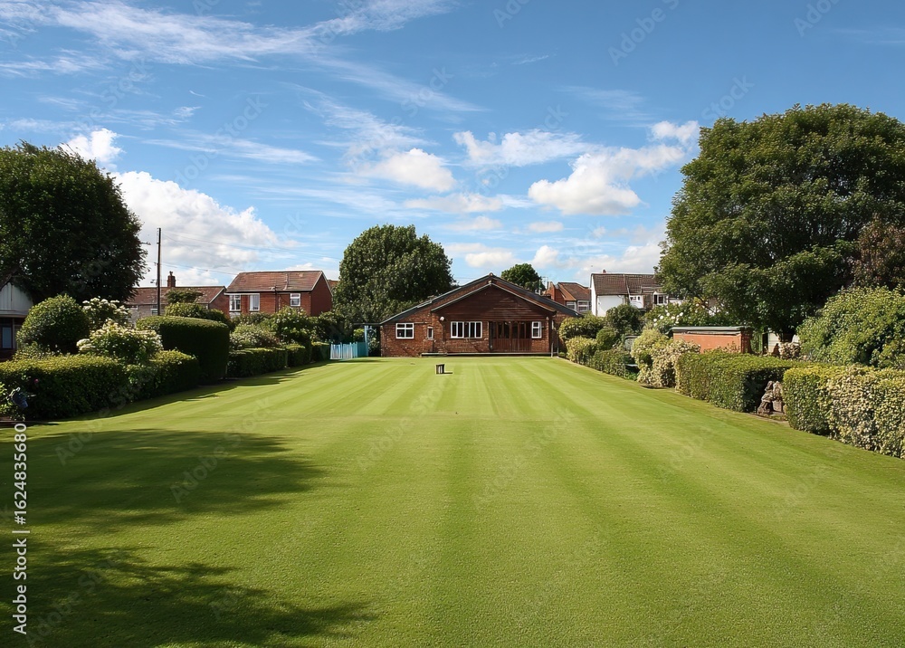 Fototapeta premium Lush green lawn of an English bowling club with a brown wooden pavilion and houses in the background. The ground is perfectly level, with no hills or undulations. It's a sunny day, 
